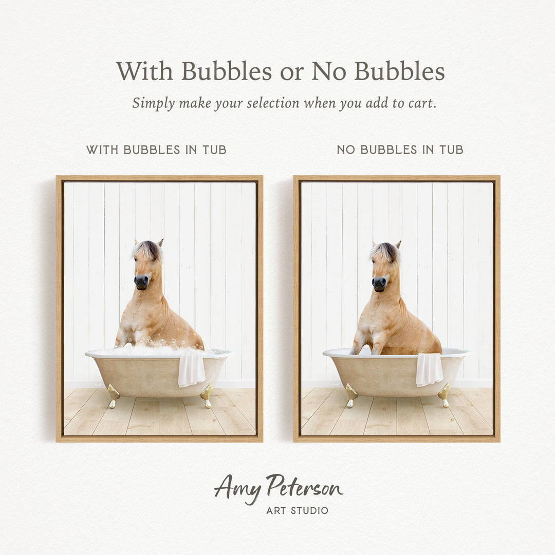 The image is a collage of two pictures featuring a horse sitting in a bathtub. The horse is either sitting in a tub with bubbles or without bubbles, depending on the viewer's interpretation. The collage is presented by Amy Peterson from Art Studio.