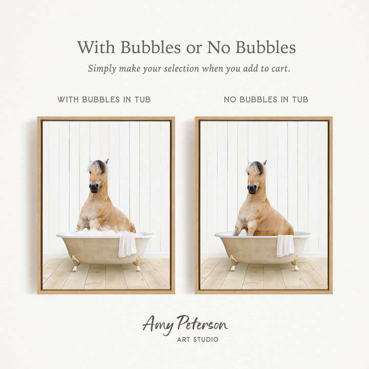 The image is a collage of two pictures featuring a horse sitting in a bathtub. The horse is either sitting in a tub with bubbles or without bubbles, depending on the viewer's interpretation. The collage is presented by Amy Peterson from Art Studio.