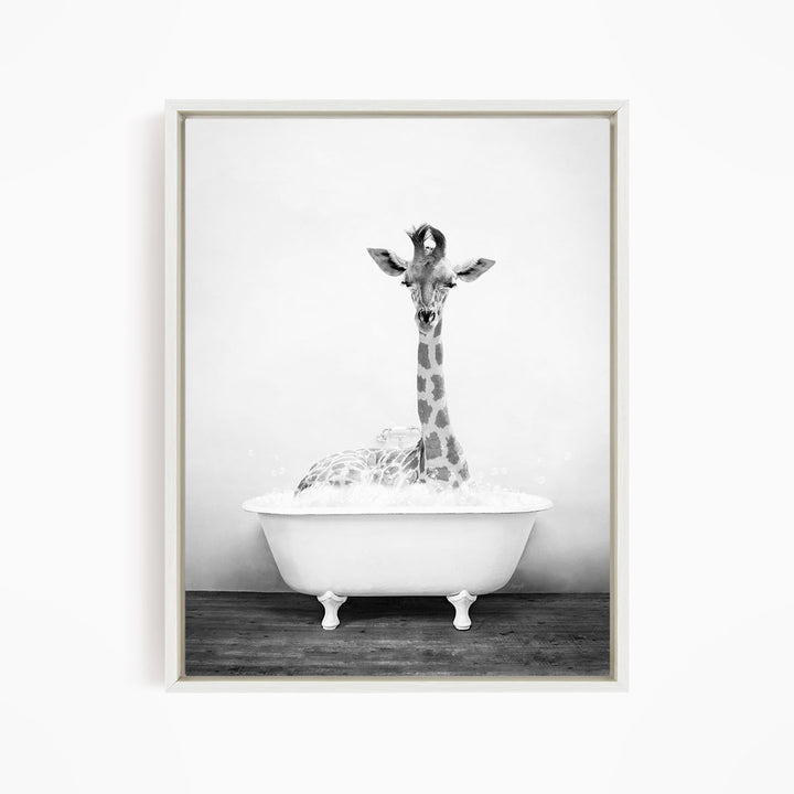 A giraffe sitting in a white bathtub filled with water, creating a whimsical and playful scene.