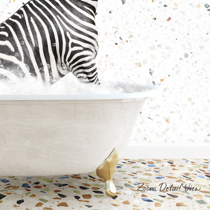 A zebra standing in a bathtub filled with water, with a mosaic floor in the background.