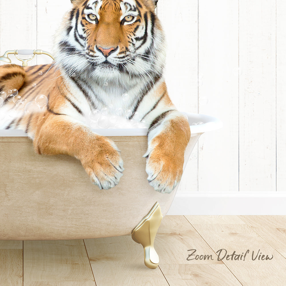 A tiger is sitting in a bathtub filled with water, appearing relaxed and enjoying the experience.