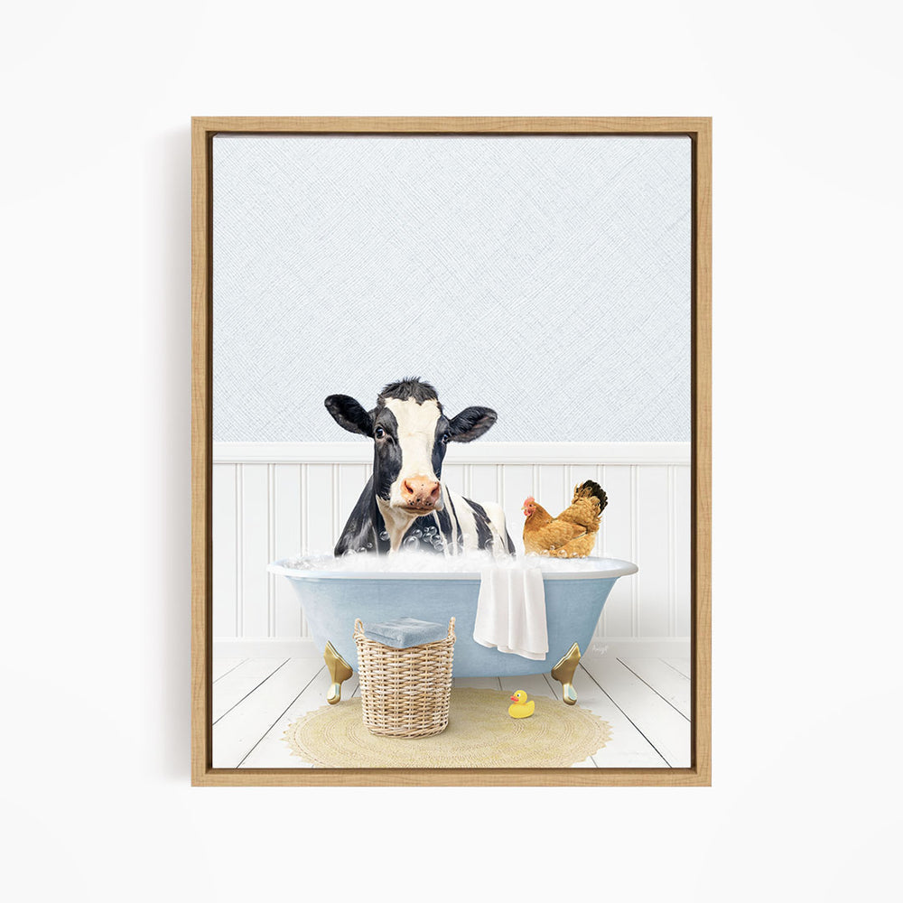 A cow is sitting in a bathtub filled with water, surrounded by a chicken and a duck, creating a whimsical and playful scene.