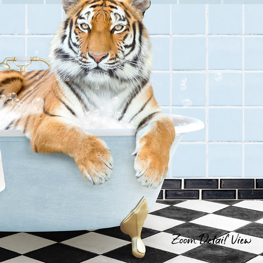 A tiger is sitting in a bathtub filled with bubbles, looking directly at the camera.