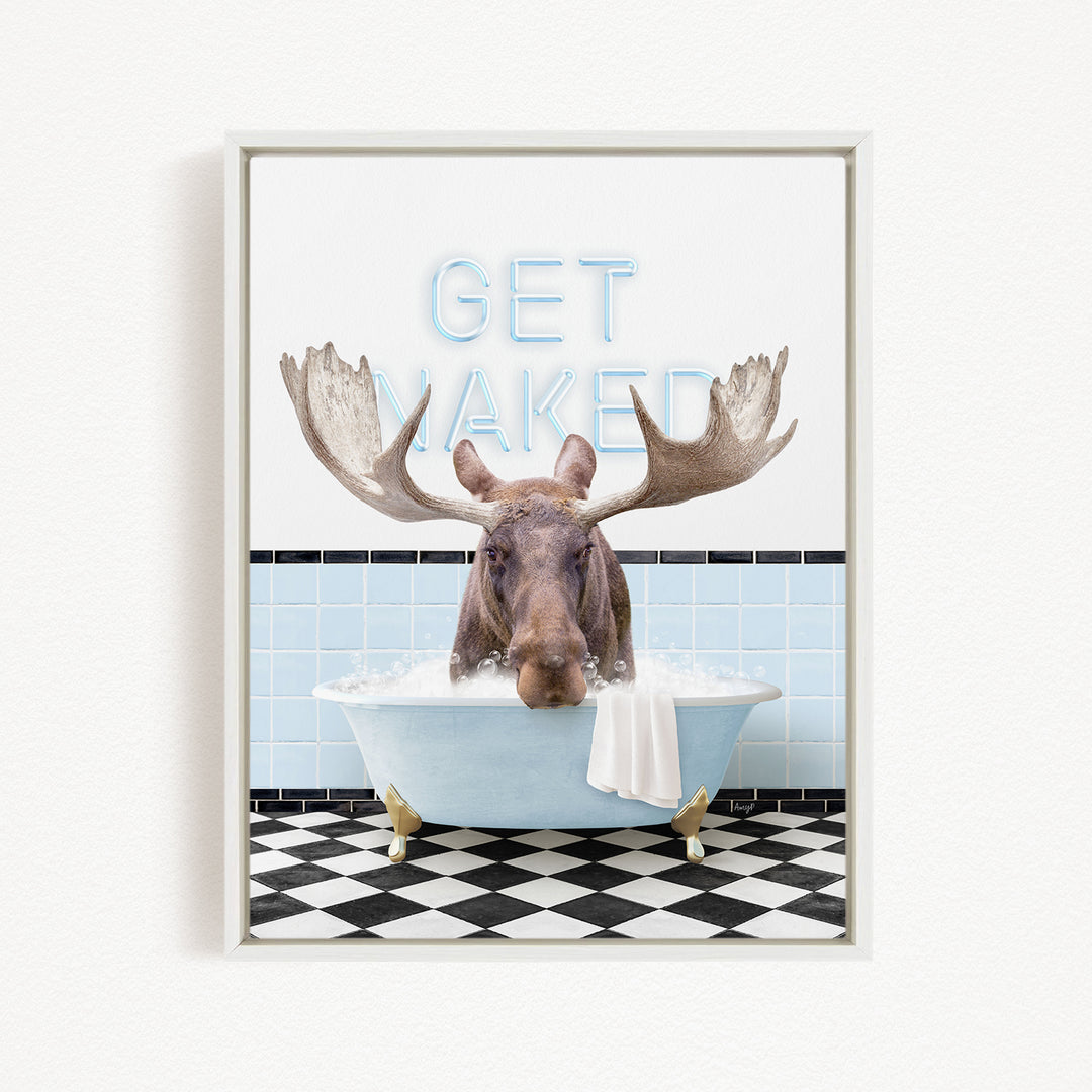 A moose is sitting in a bathtub with its head submerged in the water, surrounded by a checkered floor and a blue wall with the text "GET NAKED" written on it.