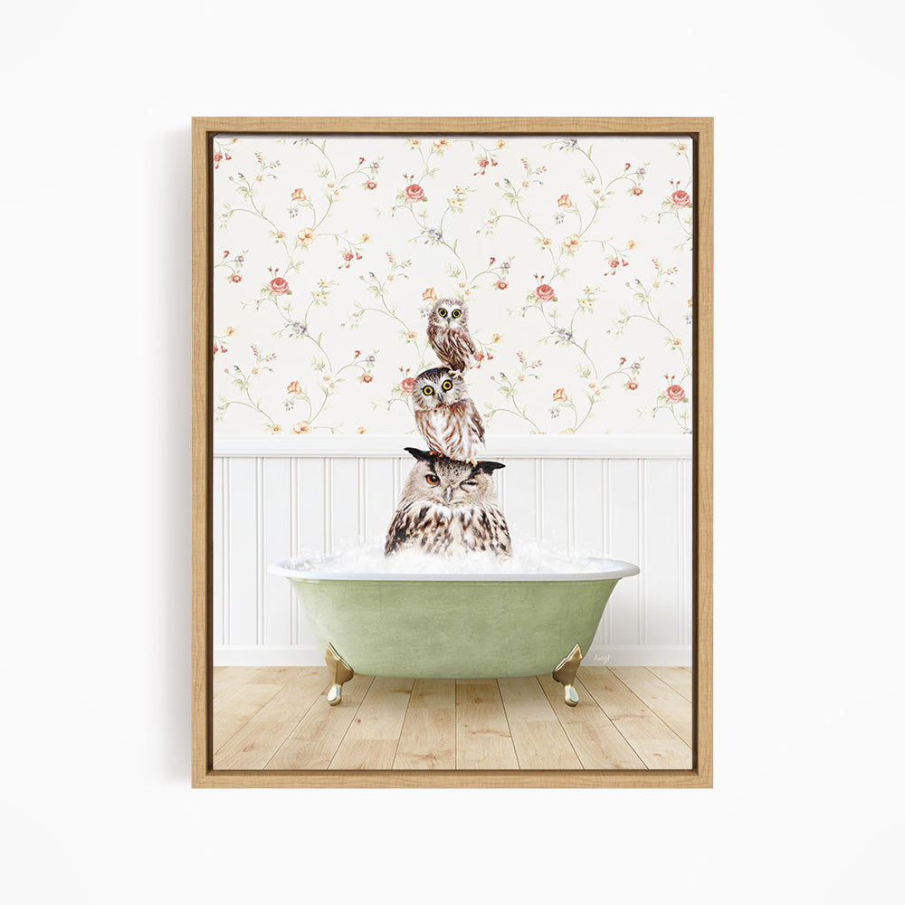 A framed image depicting three owls sitting in a green bathtub, with a floral wallpaper in the background.