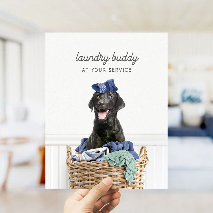 A black dog wearing a blue hat sits in a wicker basket filled with clothes, with the text "laundry buddy at your service" displayed above the image.