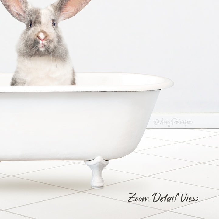 A cute gray and white rabbit sitting in a white bathtub, looking directly at the camera.