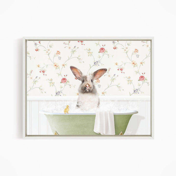 A white rabbit sitting in a green bathtub, surrounded by a floral wallpaper.