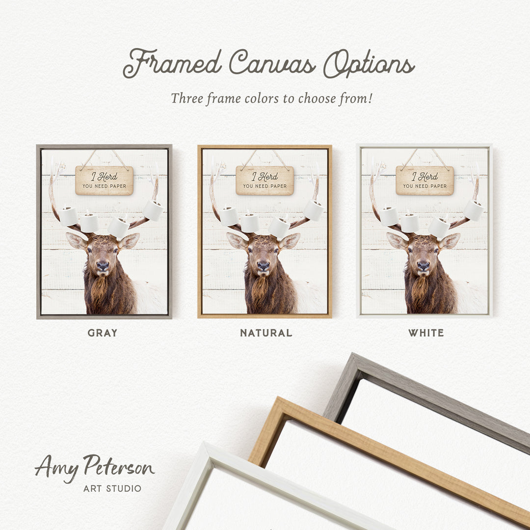 three framed canvas options, each featuring a deer head in a different color: gray, natural, and white.
