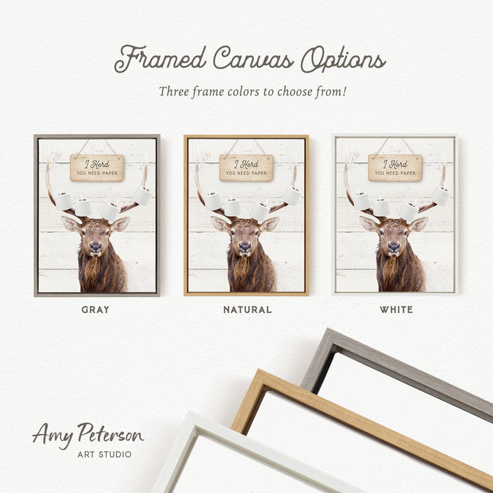 three framed canvas options, each featuring a deer head in a different color: gray, natural, and white.