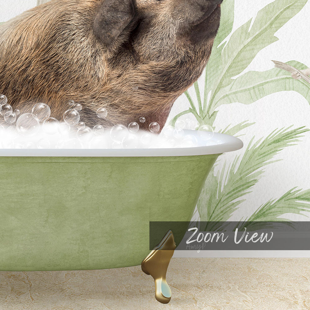 A pig is sitting in a green bathtub filled with bubbles, enjoying a relaxing bath.