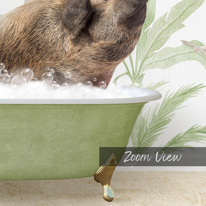 A pig is sitting in a green bathtub filled with bubbles, enjoying a relaxing bath.