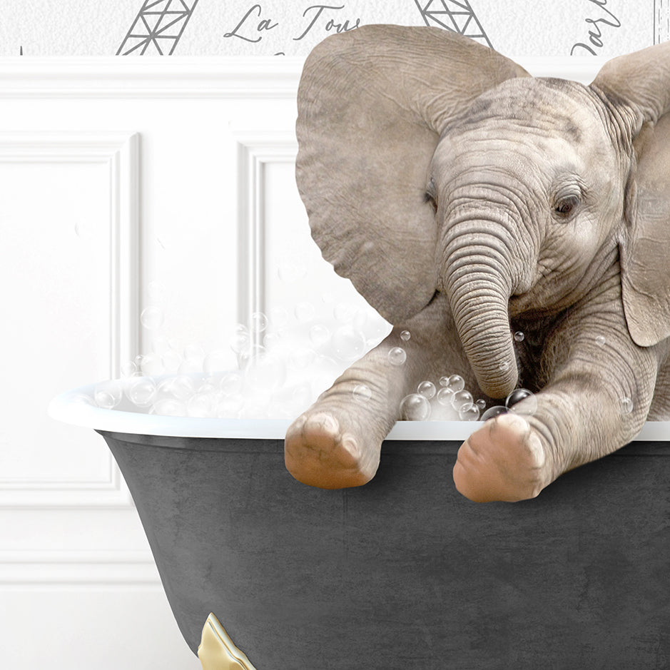 an elephant sitting in a bathtub with bubbles