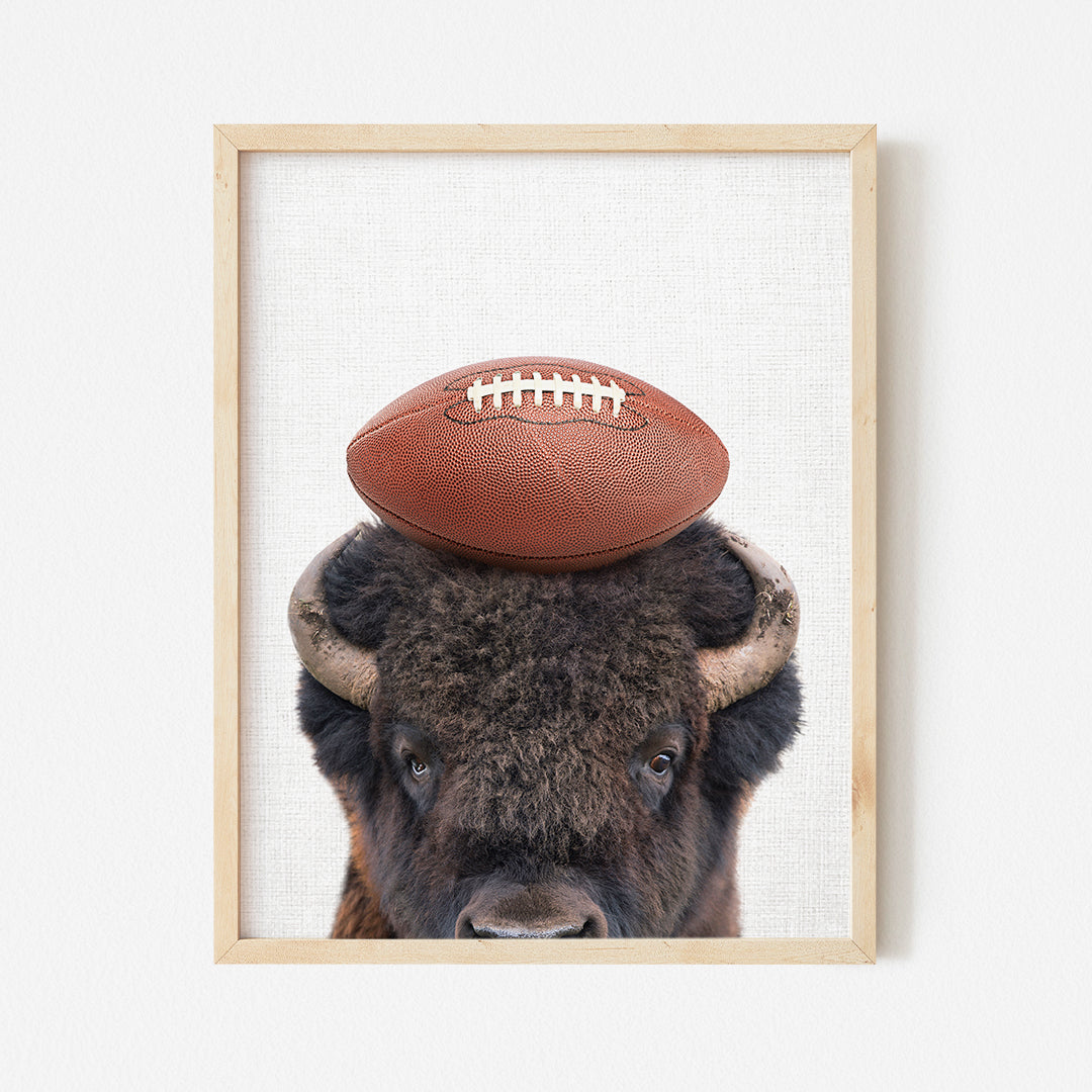 a bison with a football on its head