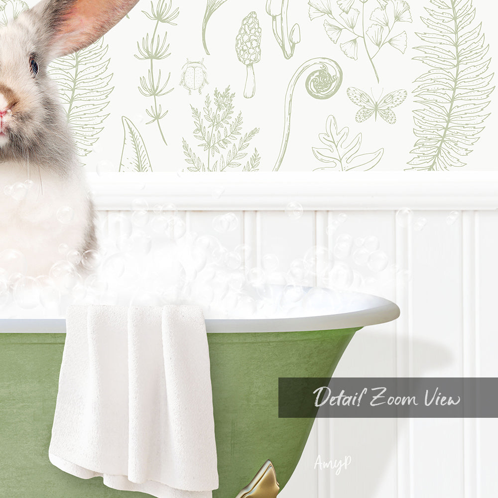 A white rabbit sitting in a green bathtub filled with bubbles, with a wall decorated with various plants and butterflies in the background.