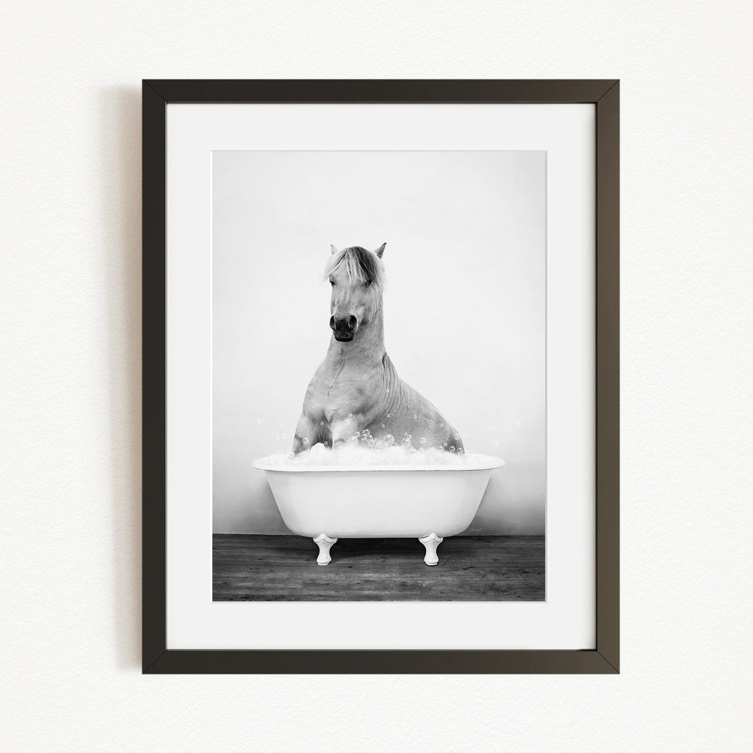 A horse sitting in a bathtub filled with water, creating a serene and peaceful scene.