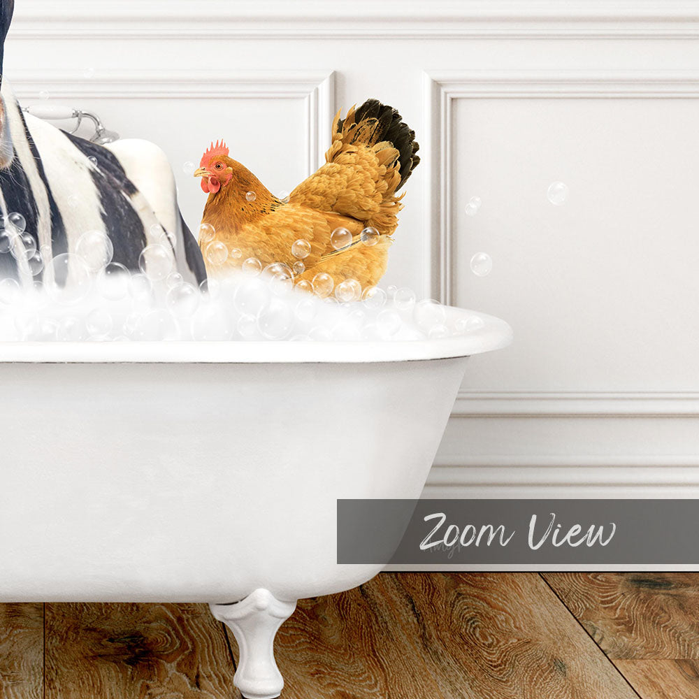 A chicken is sitting in a bathtub filled with bubbles, creating a whimsical and amusing scene.