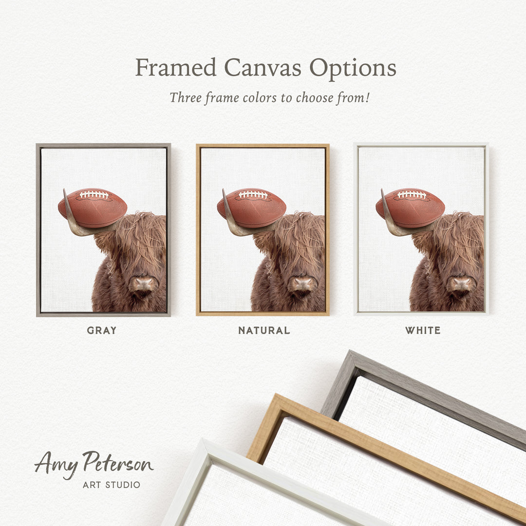 The image is a framed canvas option showcasing three different frame colors: gray, natural, and white. The canvas features a brown cow with horns, and the frame colors are gray, natural, and white.