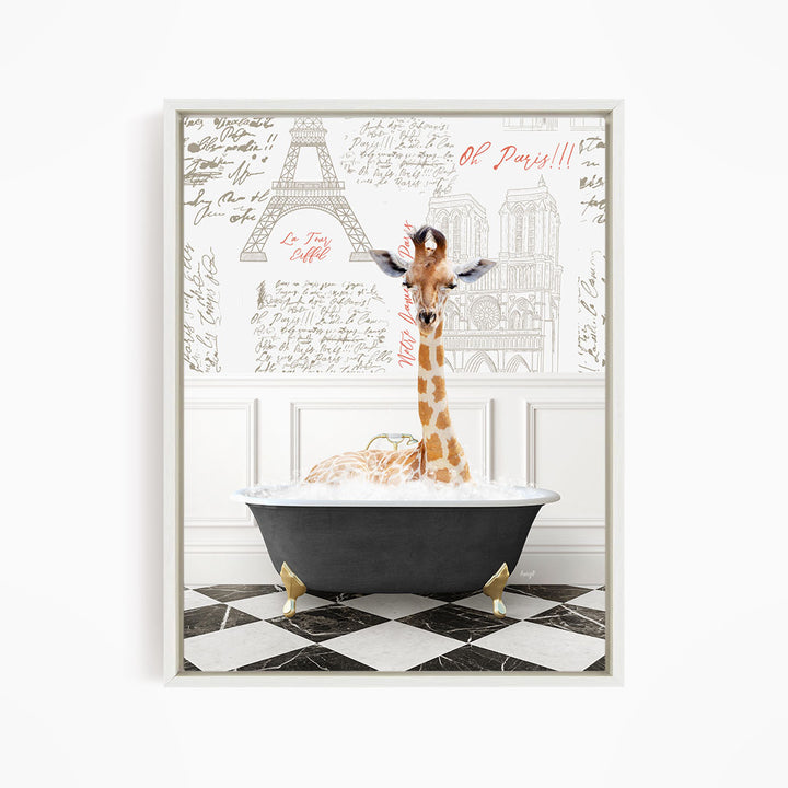 A giraffe is sitting in a bathtub filled with water, surrounded by a Paris-themed background with the Eiffel Tower and other landmarks.