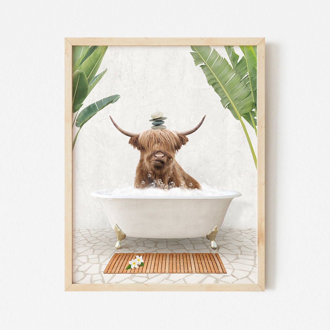 a picture of a dog in a bathtub with a plant in the background