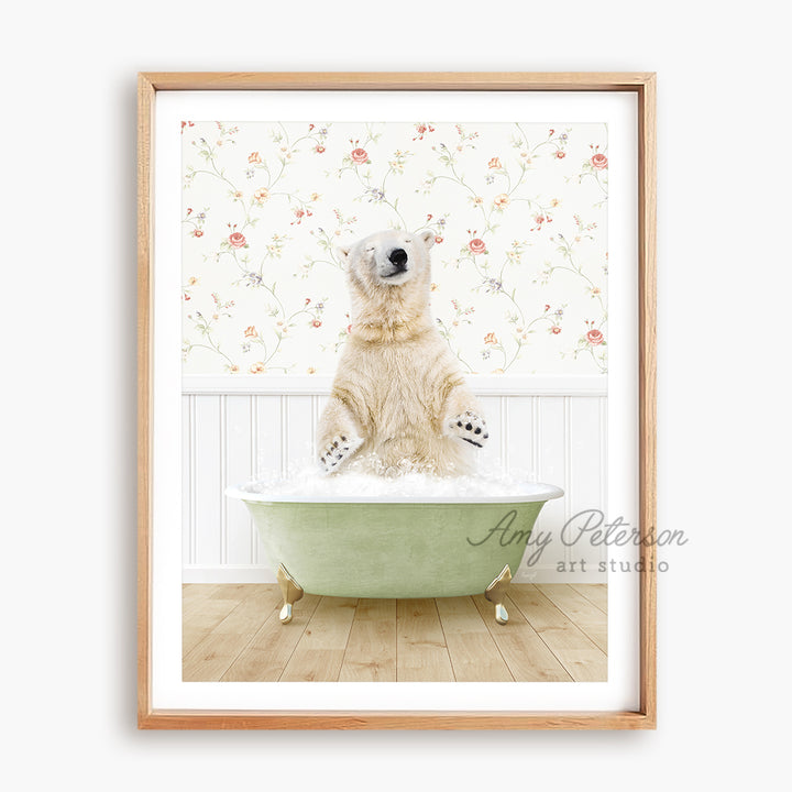 a polar bear is sitting in a bathtub