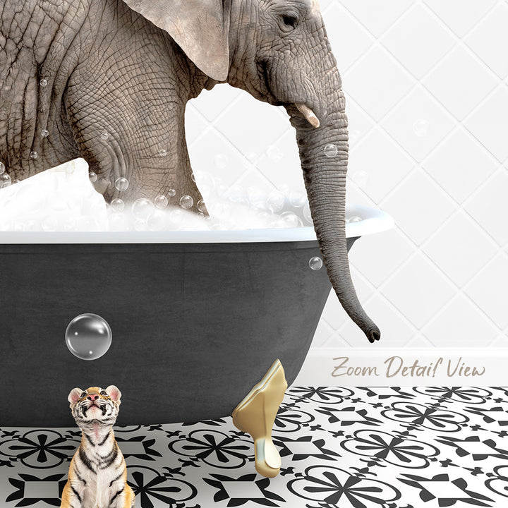 An elephant is taking a bath in a bathtub, while a tiger and a small elephant figurine are standing nearby, and the image is labeled "Zoom Detail View".