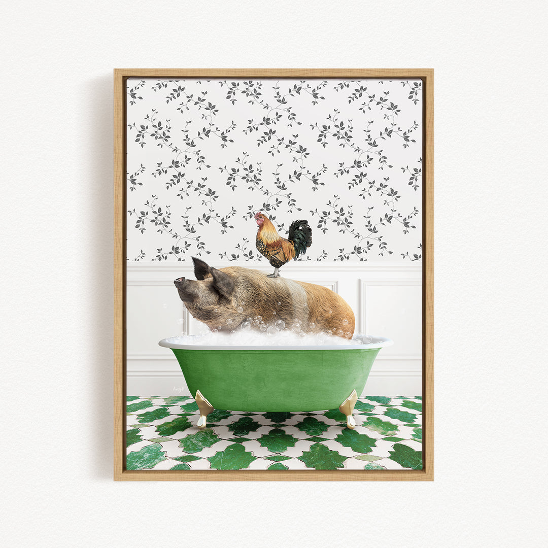 A rooster sits atop a pig in a green bathtub, surrounded by a patterned wall and green and white tiles.