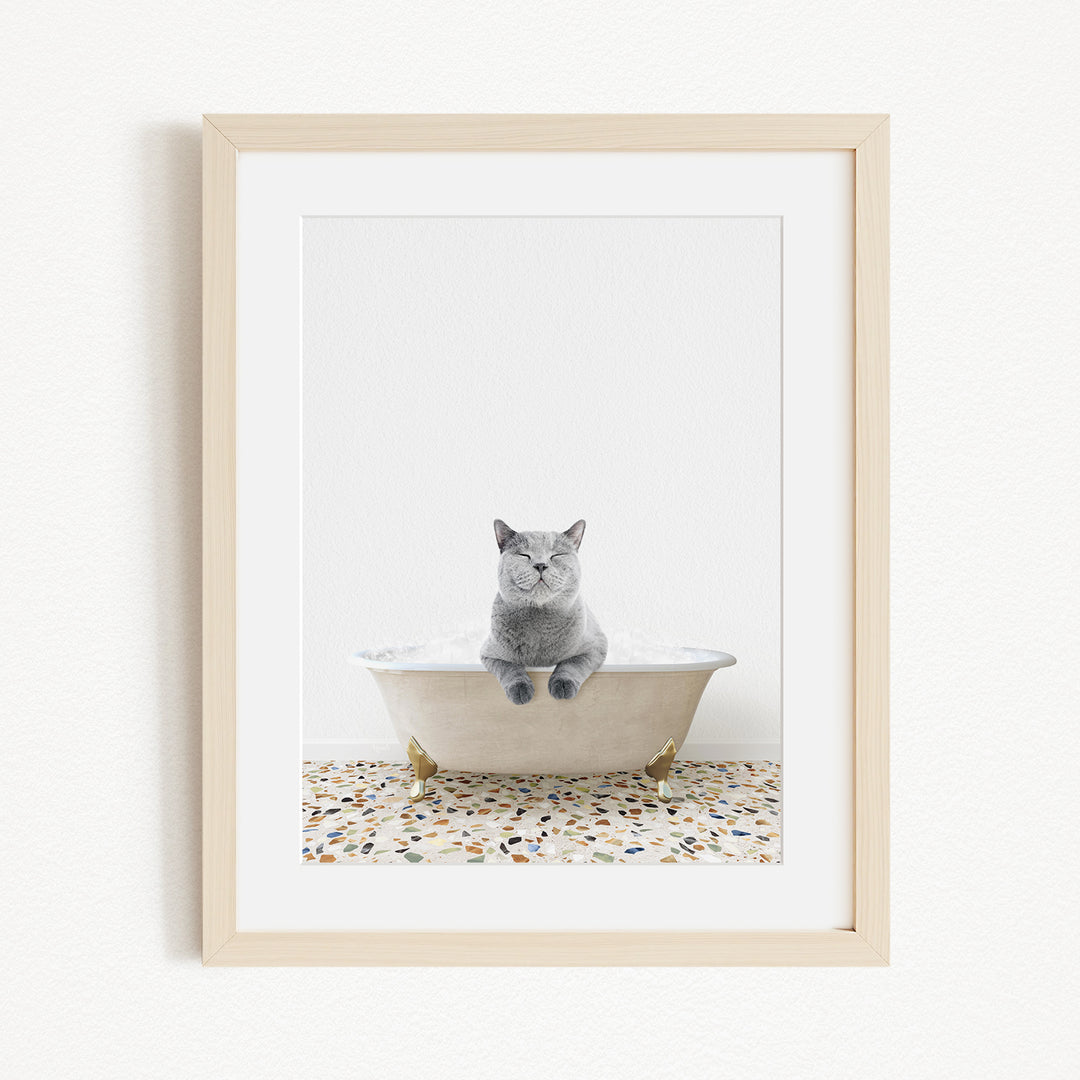 A gray cat sitting in a white bathtub filled with bubbles, with a speckled floor beneath it.