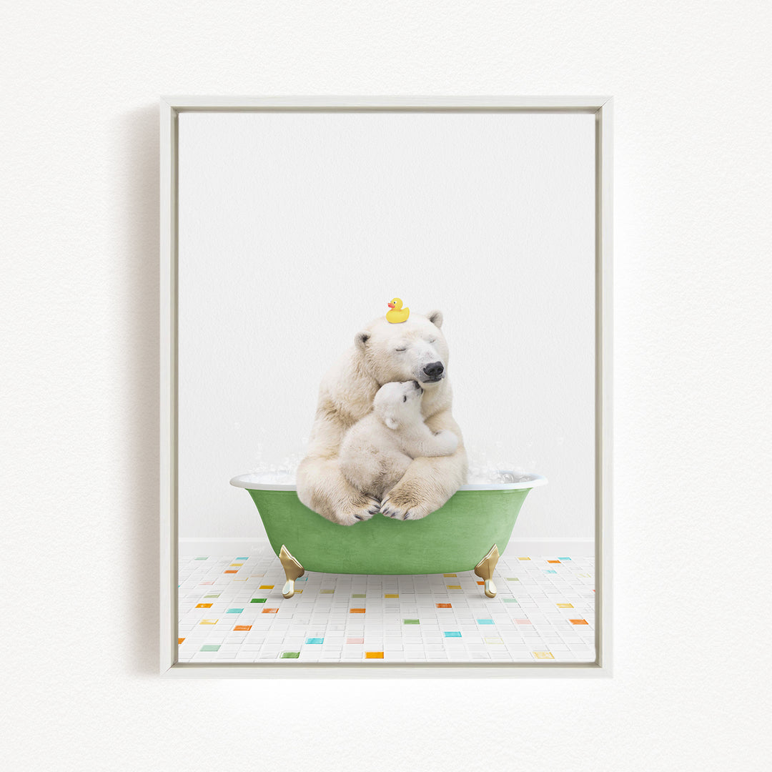 A polar bear and its cub are sitting in a green bathtub, with a rubber duck perched on the bear's head.