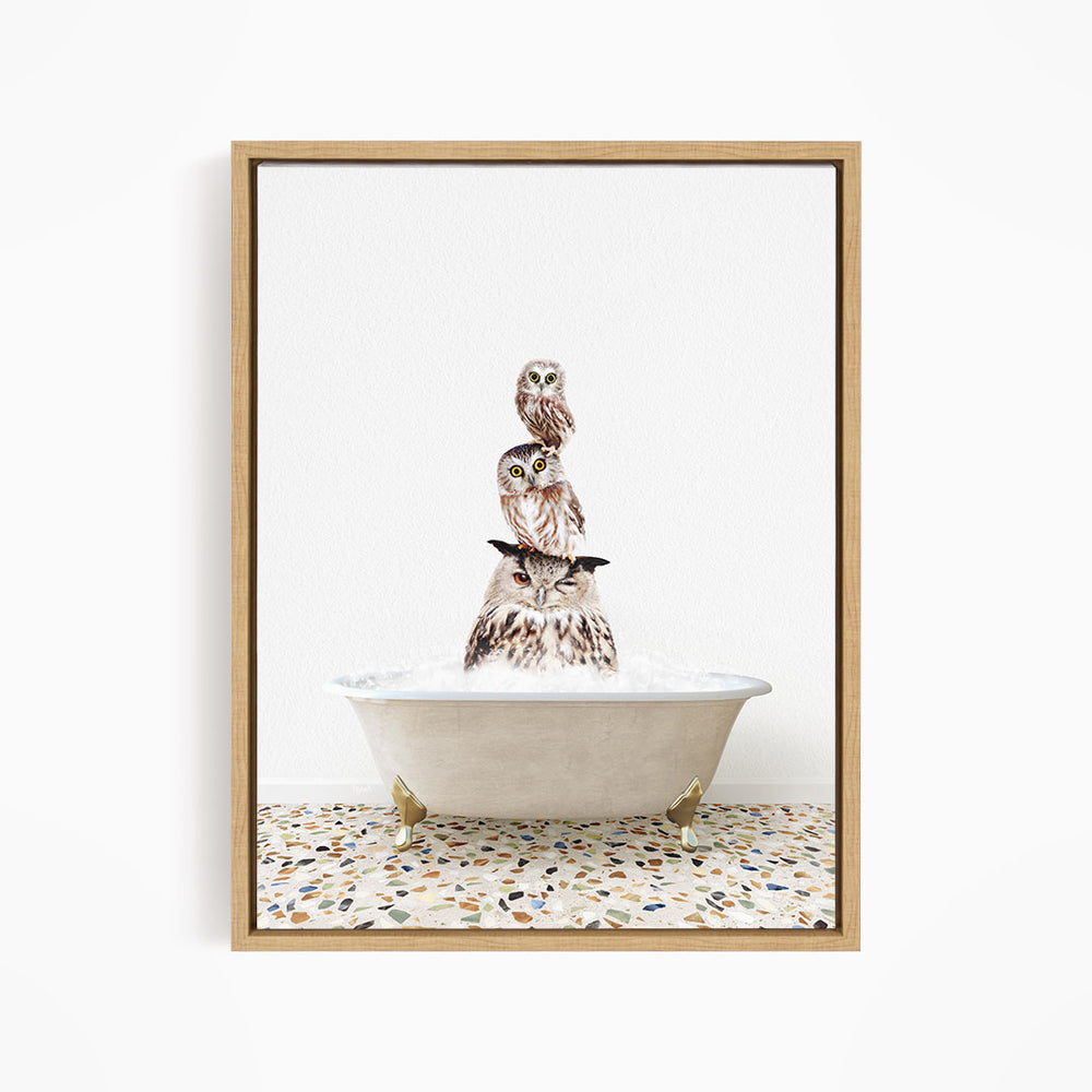 A framed image depicting a group of owls sitting in a bathtub, with one owl perched on top of the others.