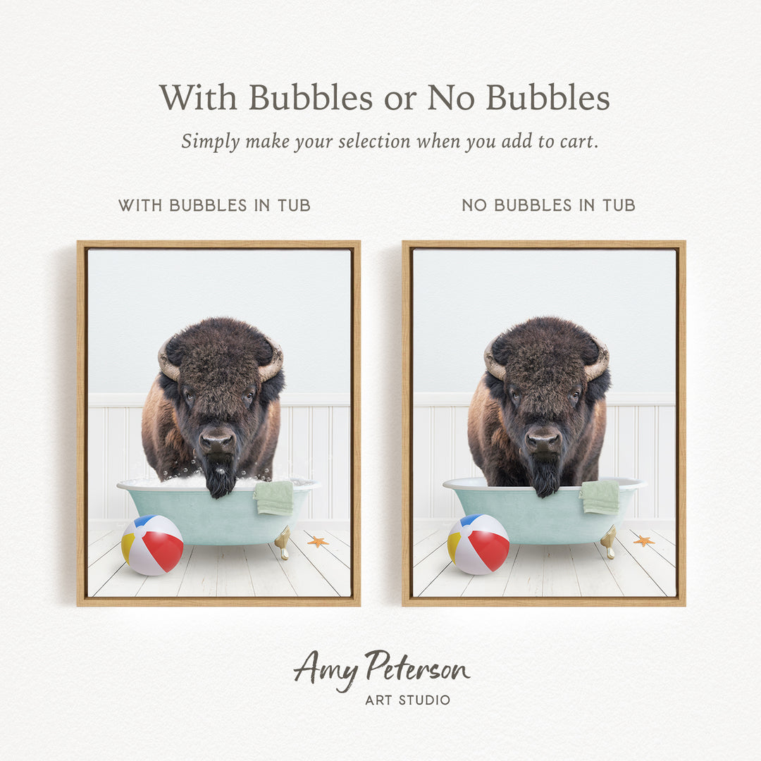 The image is a collage of two pictures featuring a buffalo in a tub, with one picture having bubbles and the other without bubbles.