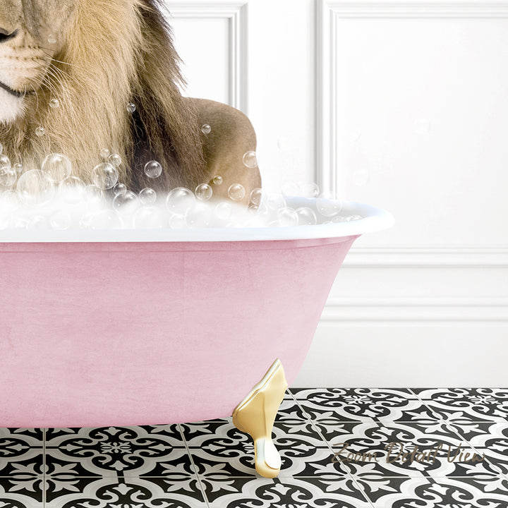A lion is sitting in a pink bathtub filled with bubbles, creating a whimsical and playful scene.