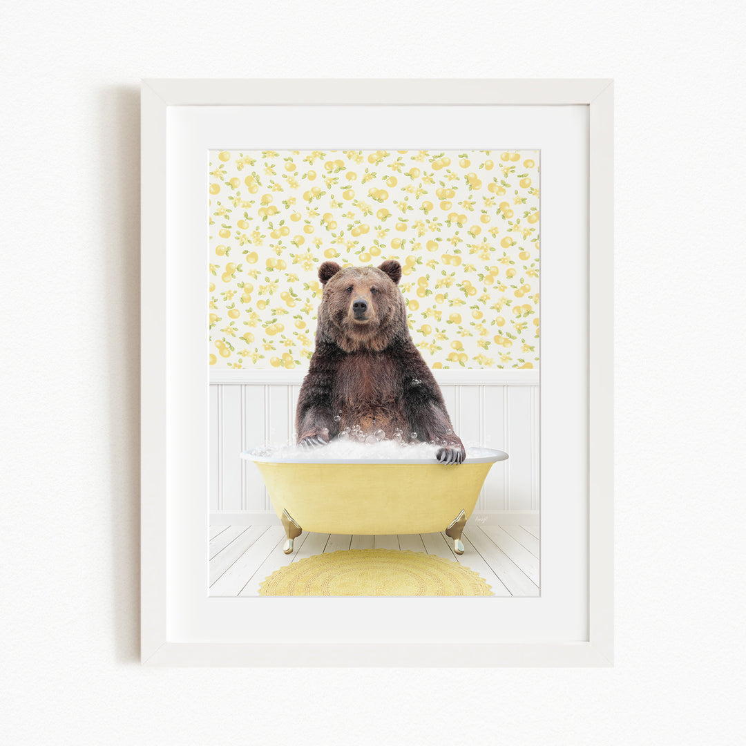 A brown bear sitting in a yellow bathtub filled with water, surrounded by a yellow floral patterned wall.