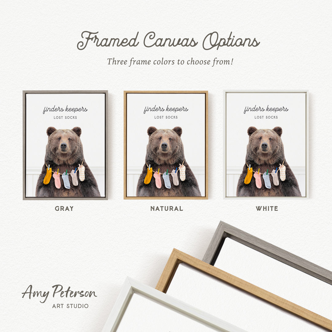 The image is a framed canvas option featuring three different color options for a bear image: gray, natural, and white.