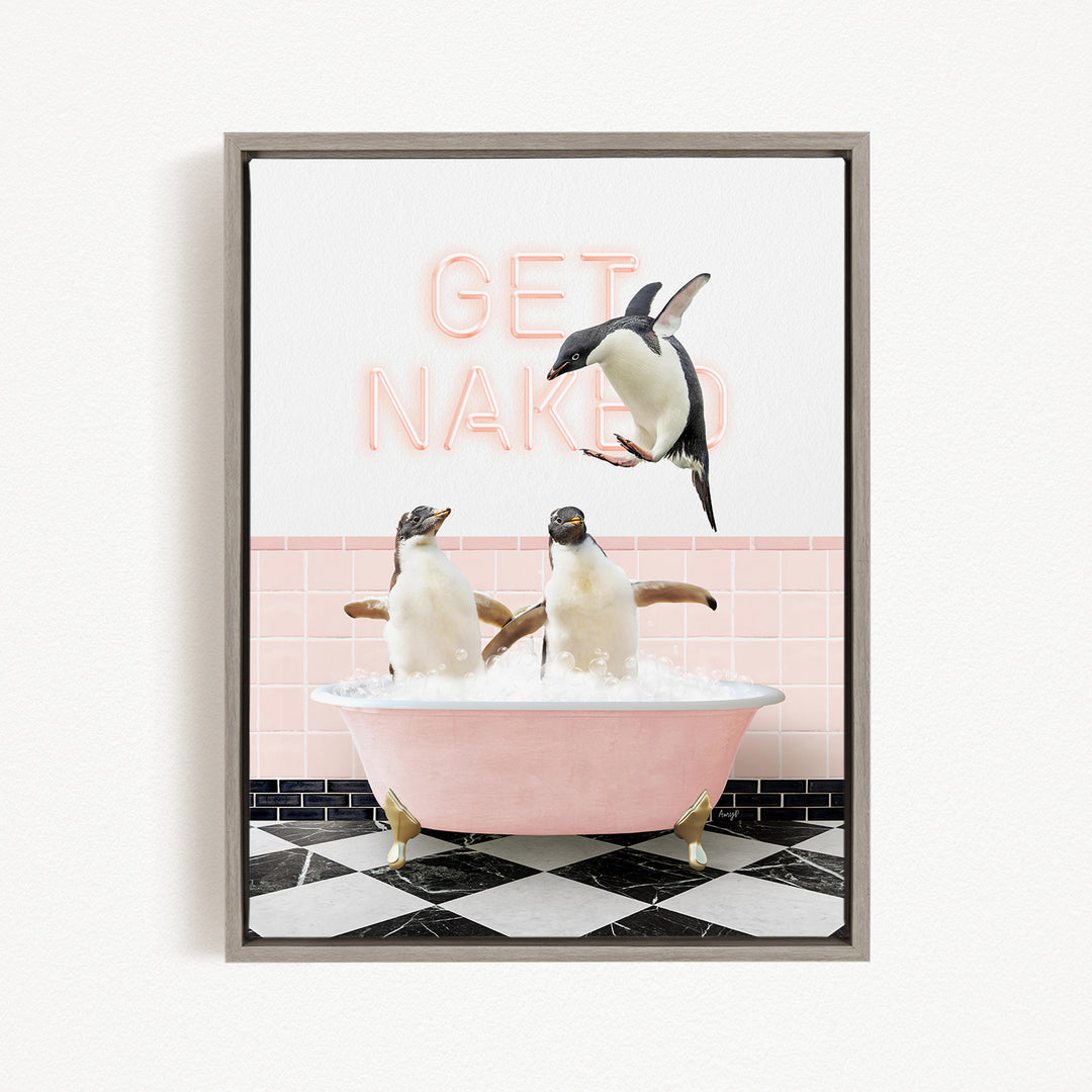 A framed image depicting two penguins sitting in a pink bathtub, with one penguin flying towards the other. The background features a pink and black checkered floor.