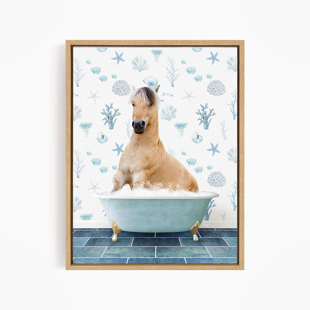 A horse is sitting in a bathtub filled with water, surrounded by a blue and white ocean-themed wallpaper.