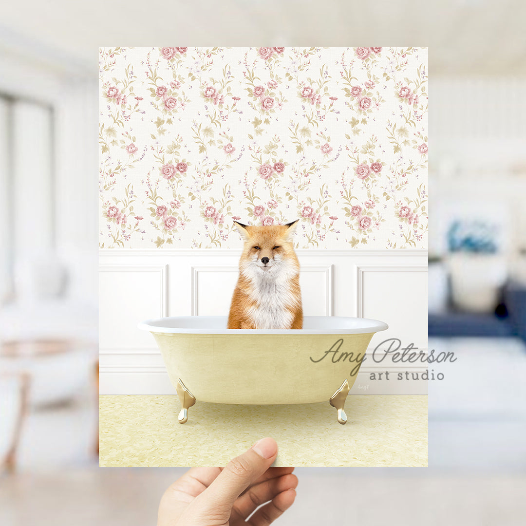 a person holding up a card with a picture of a fox in a bathtub