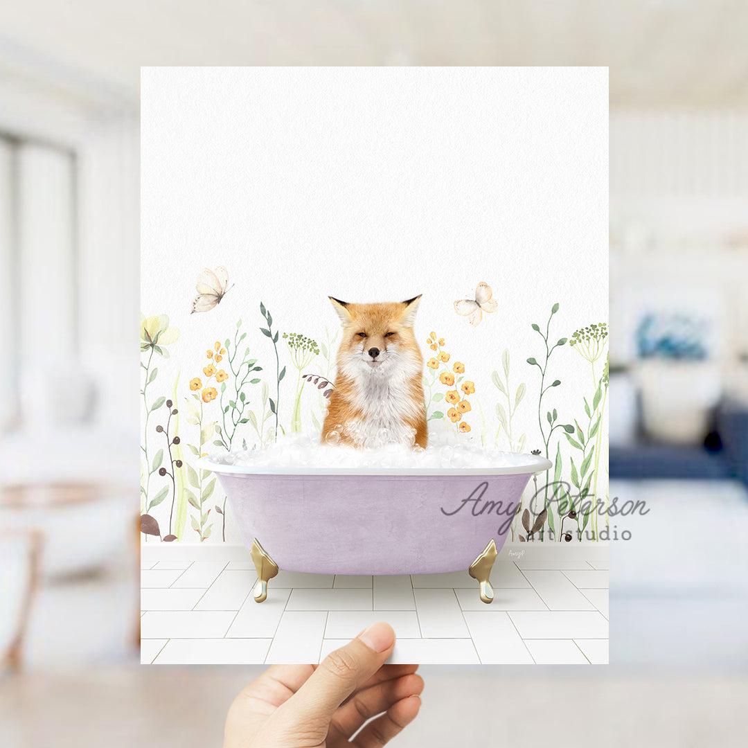 a person holding up a card with a picture of a dog in a bathtub