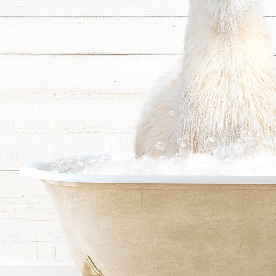 a polar bear sitting in a bathtub full of bubbles