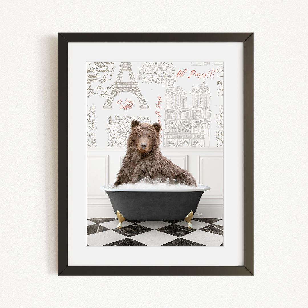 A brown bear sitting in a bathtub filled with water, surrounded by a checkered floor and a framed image of the Eiffel Tower in the background.