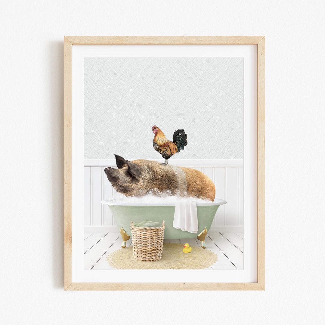 A rooster sits atop a pig in a green bathtub, surrounded by rubber duckies and a basket.