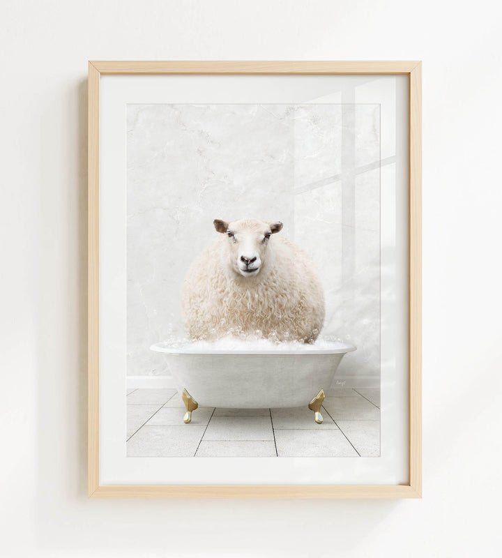 A fluffy white sheep is sitting in a white bathtub, surrounded by bubbles, in a serene and whimsical scene.