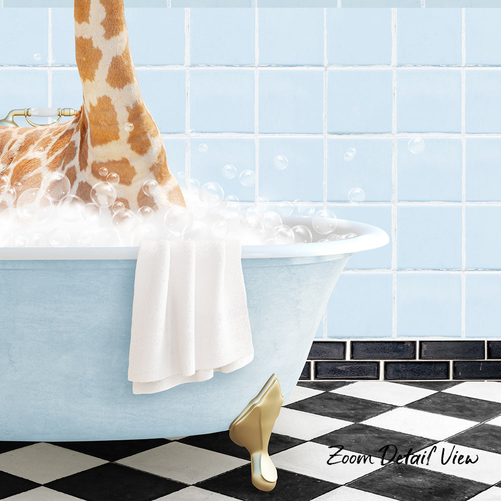A giraffe is sitting in a bathtub filled with bubbles, with a towel hanging on the side and a checkered floor in the background.
