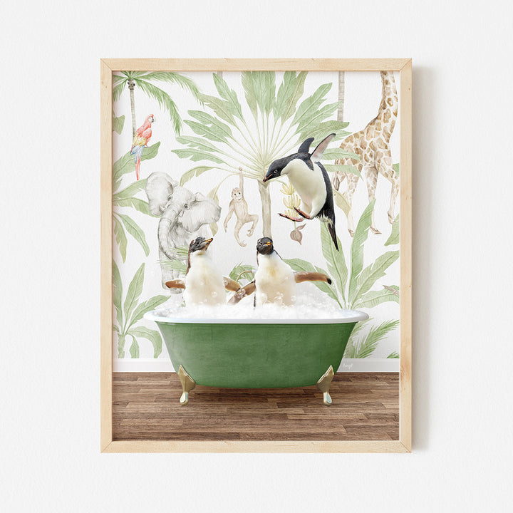 a green bathtub filled with birds and giraffes