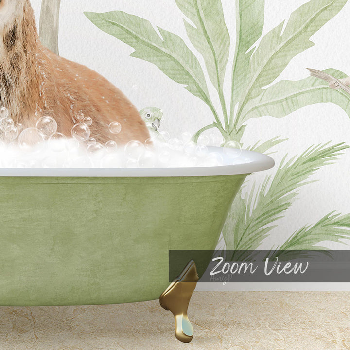 A cat sitting in a green bathtub filled with bubbles, with a palm tree and bird in the background.