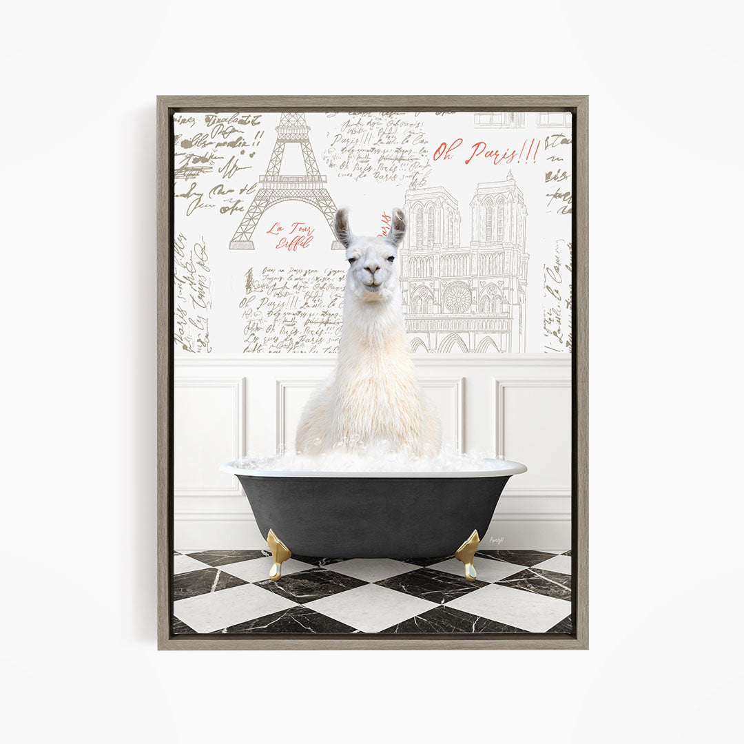 A white llama sitting in a bathtub filled with bubbles, with a Paris-themed background featuring the Eiffel Tower and other landmarks.
