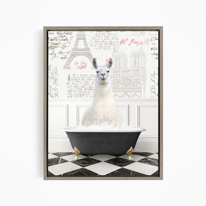 A white llama sitting in a bathtub filled with bubbles, with a Paris-themed background featuring the Eiffel Tower and other landmarks.