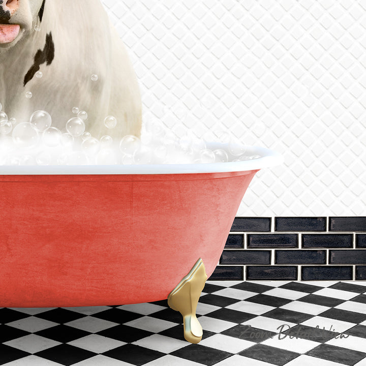 A dog is sitting in a red bathtub filled with bubbles, surrounded by a black and white checkered floor and a tiled wall.