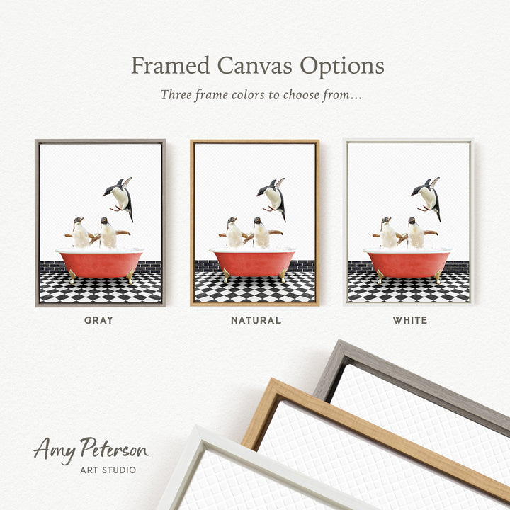 three framed canvas options, each featuring a different color: gray, natural, and white. The text above the images reads " Framed Canvas Options" and "Three frame colors to choose from...". The bottom of the image includes the text " Amy Peterson ART STUDIO".