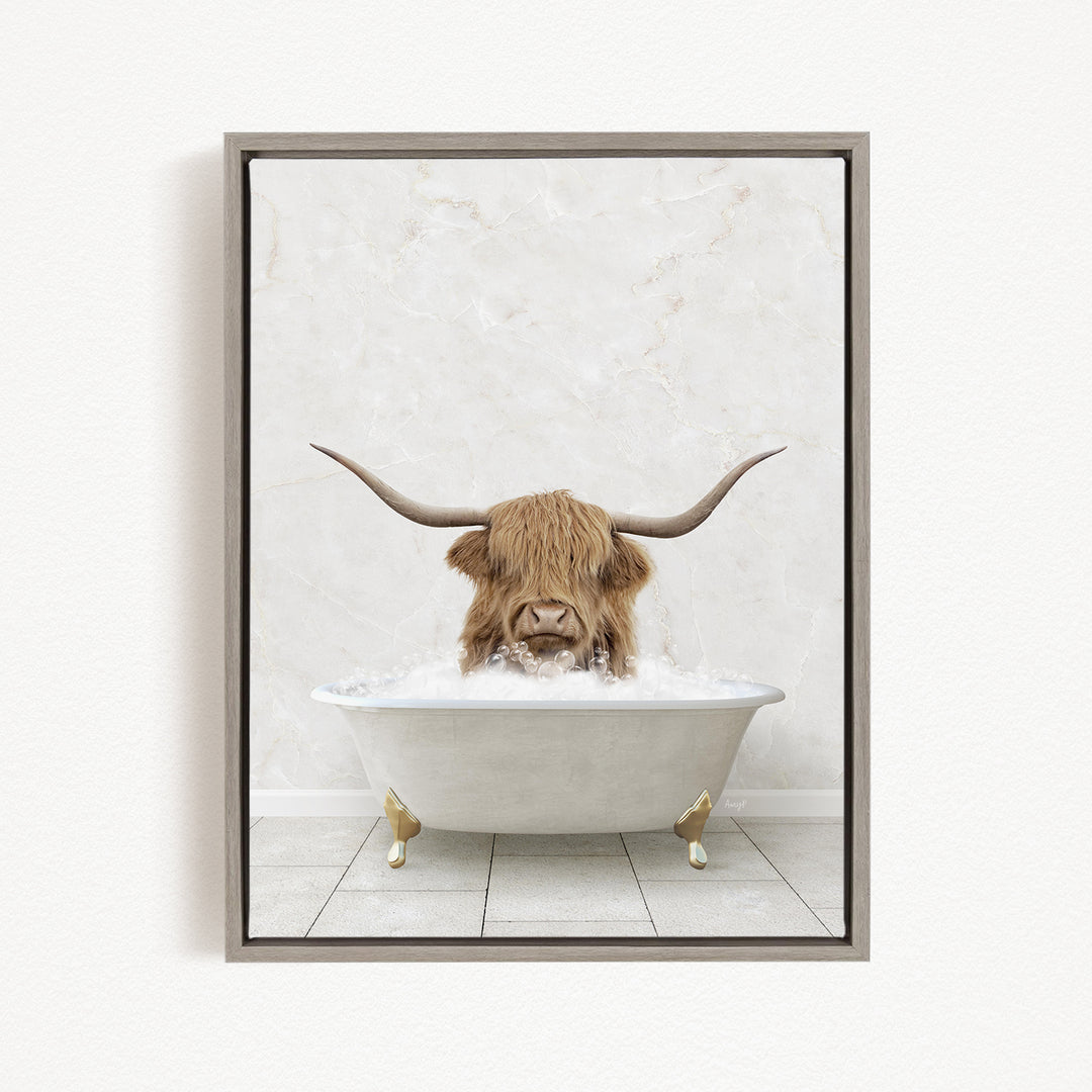 A Highland cow with long horns is sitting in a white bathtub filled with water, creating a whimsical and humorous scene.